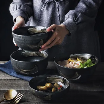 

KINGLANG Single Japanese Restaurant Bowl Black Matte Ceramic Noodle Bowl Tableware Round Rice Big Bowl
