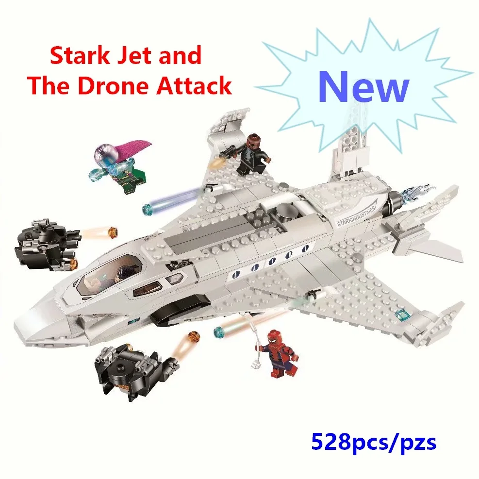 

Marvel Spider-Man Mysterio Nick Fury Figures Stark Jet and the Drone Attack Building Blocks Set Compatible with legolying 70130