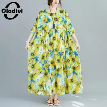 

Oladivi Oversized Plus Size Women Fashion Flower Printed Long Dress Summer Bohemian Beach Dresses Lady Casual Loose Vestidio 8XL