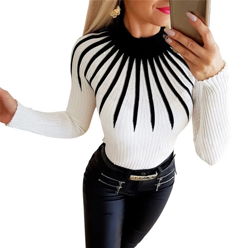 

New Women Color Matching Turtleneck Sweater Long Sleeve Slim fit Casual Clothing Elegant Office Ladies Vintage Sweaters Pullover