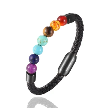 

2020 Fashion Men Jewelry Natural Stone Genuine Leather Bracelet Black Stainless Steel Magnetic Clasp Tiger Eye Bead Bracelet Men