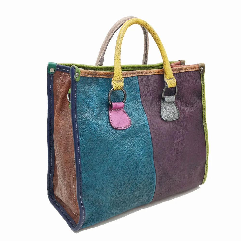 Разноцветная Лоскутная Натуральная матовая кожаная женская сумка высокого