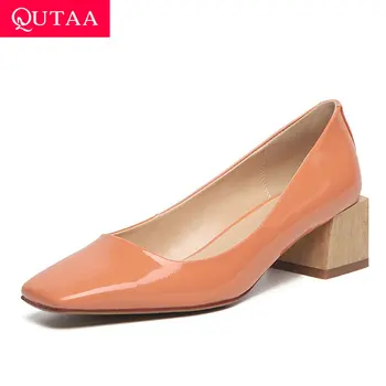 

QUTAA 2020 Square Heel Shallow Single Shoes Square Toe Concise Ladies Pumps Quality Cow Leather Slip on Women Shoes Size 34-39