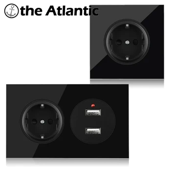 

2 Gang EU DE Power Socket With USB Charger Electrical Outlet 146 Type Wall Socket Black Glass Frame High Quality Russia Spain