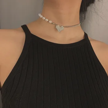 

Ornament Elegant Pearl Chain Joint Necklace Choker Simple Diamond Set Peach Heart Clavicle Necklace