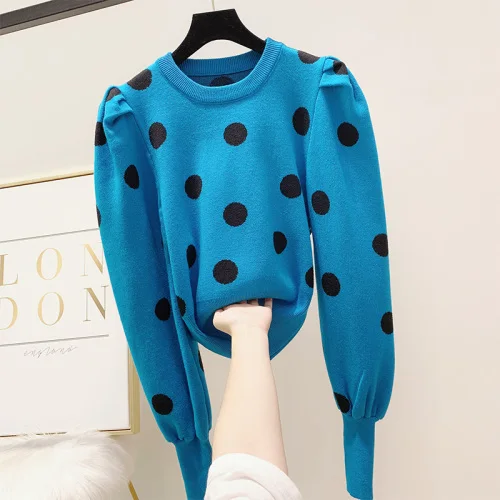 Женский свитер в Корейском стиле, контрастный цвет, в горошек, с пышными рукавами, свитер, темперамент, Осень-зима, вязанный джемпер, Femme - Цвет: Синий