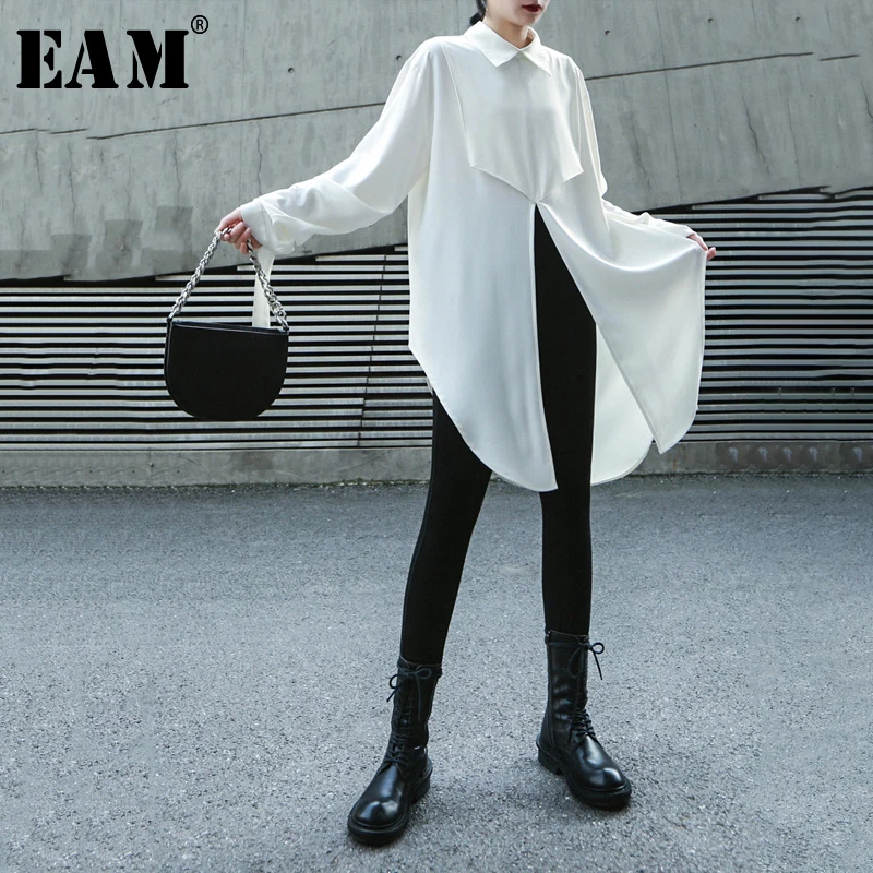 

[EAM] Women Black Ribbon Split Big Size Blouse New Lapel Long Sleeve Loose Fit Shirt Fashion Tide Spring Autumn 2020 1N957