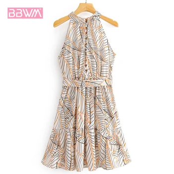 

Sleeveless Hanging Neck Noble Sweet with Belt Leaf Printing Chic Female Dress Harajuku Casual Holiday Party Women's Dresses