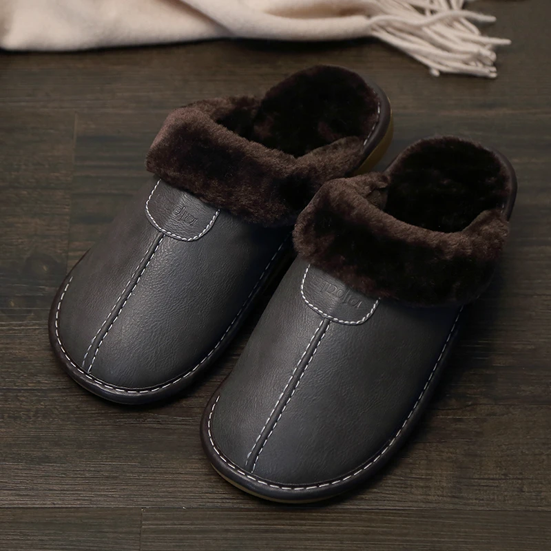 Men Winter Leather Slippers Bedroom Cotton Slippers Male Waterproof Thick Plus Velvet Indoor Warm House Home Slippers Shoes_voghion.com