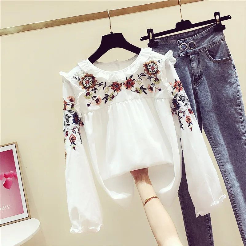 Блузка с ручной вышивкой, женская рубашка с листьями лотоса, осень, новая Корейская версия, Женская Повседневная рубашка с круглым вырезом и длинными рукавами, топы