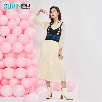 

SUPIN Spring Women 2pcs Dress Women Pleated Lantern Sleeve Calf-length Dress With Knitted Slim Vest 519191002