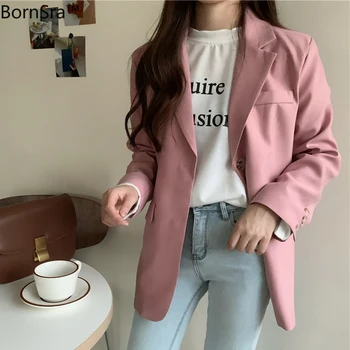 

BornSra Casual Pockets Notched Collar Women Blazer Full Sleeve Single-breasted Female Jacket Loose Work Wear Outwear Spring