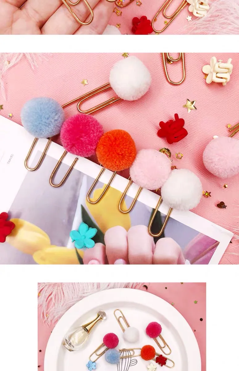 10PCS MaCaron color Plush ball type Mini Bookmark Paper Clip Kawaii School Office Supply Metal Material Escolar Papelaria Gift