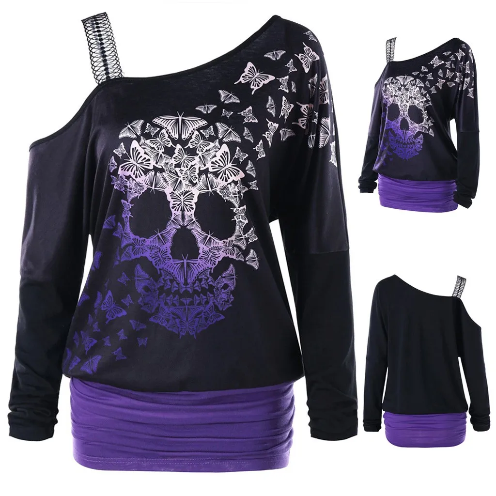 

2019 Tshirt Women Halloween Strapless Skull Butterfly Print Patchwork Skew Collar Tops Harajuku Camiseta Mujer Top Women T Shirt