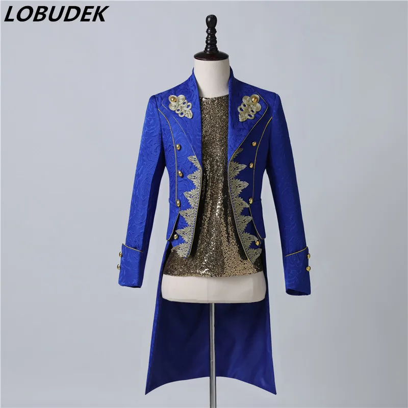 

Men's Long Style Blue Embroidery Jacquard Blazer Vintage Court Tailcoat Evening Party Singer Host Magician Drama Stage Costume