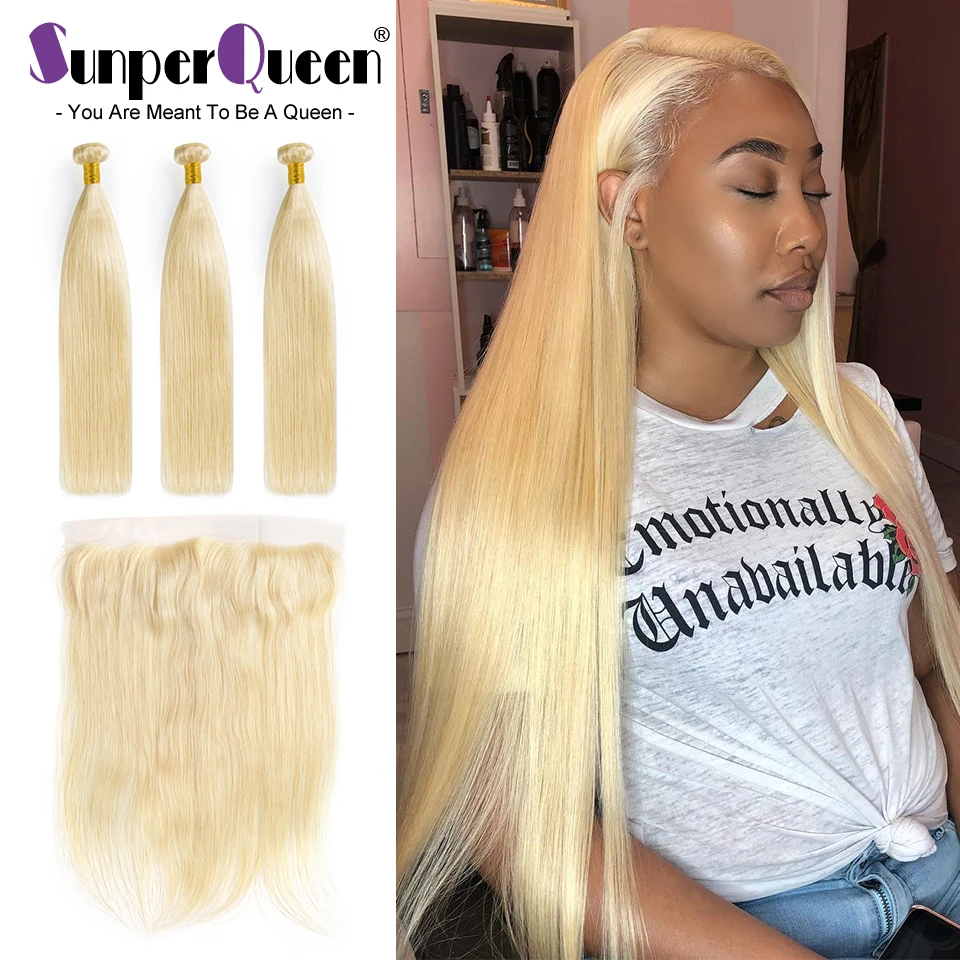 

Brazilian Hair Weave Bundles Straight Blonde Bundles With Frontal 8A Virgin Hair 3PCS Human Hair Free Shipping