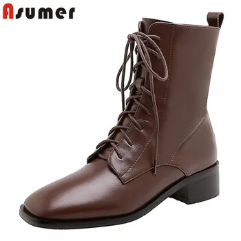 

ASUMER 2020 Newest genuine leather shoes women ankle boots zip lace up concise short boots autumn winter low heels shoes ladies