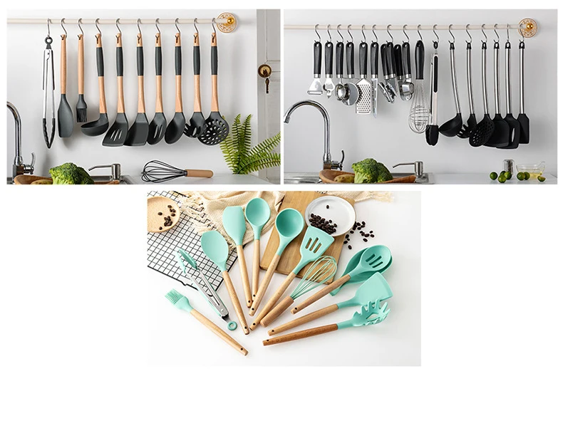 Новейший набор силиконовых кухонных принадлежностей с деревянной ручкой, антипригарная лопатка черпак, кухонные инструменты FDA с ящиком для хранения
