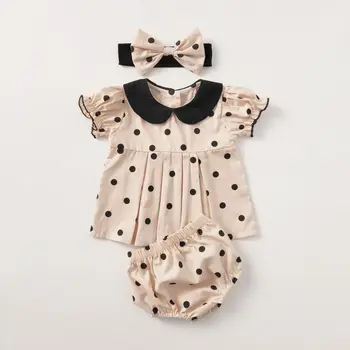 

3PCS WLG Baby Girls Clothing Set Toddler Dot Printed Shirt and Short Headband Set Newborn Girl Cotton Casual Clothes