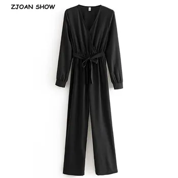

2020 Causal Elastic Waist Bow Sashes Cross V neck Black Jumpsuit Vintage OL Long Sleeve Loose Full Length Pants Romper Overalls