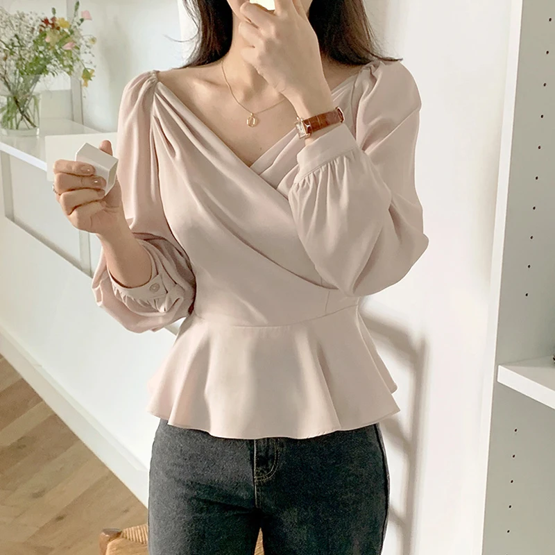 

Women Blouses Office Lady Chiffon Tops White 2021 Autumn Chic Elegant V-Neck Long Sleeve Ladies Blouse Summer Korean Sexy Shirts