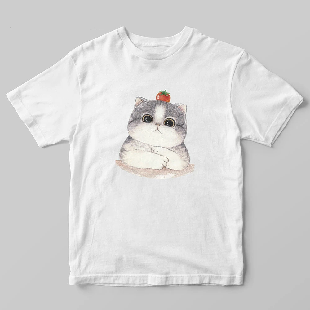 

Kawaii Cat And Tomatoes Cute T Shirt Women Vintage Korean Style Aesthetic Short Sleeve Cotton Plus Size TShirt Femme Streetwear