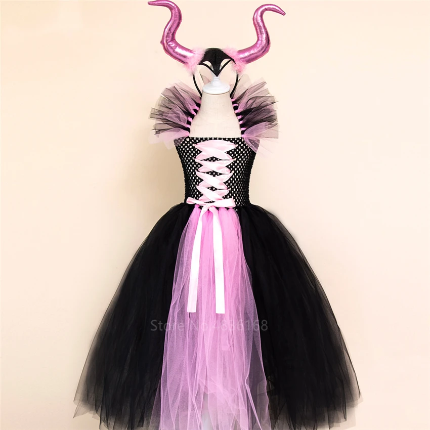 Maleficent of Evil queen/юбка-пачка для девочек; платье с рогами; костюм ведьмы на Хэллоуин; карнавальные вечерние костюмы для девочек