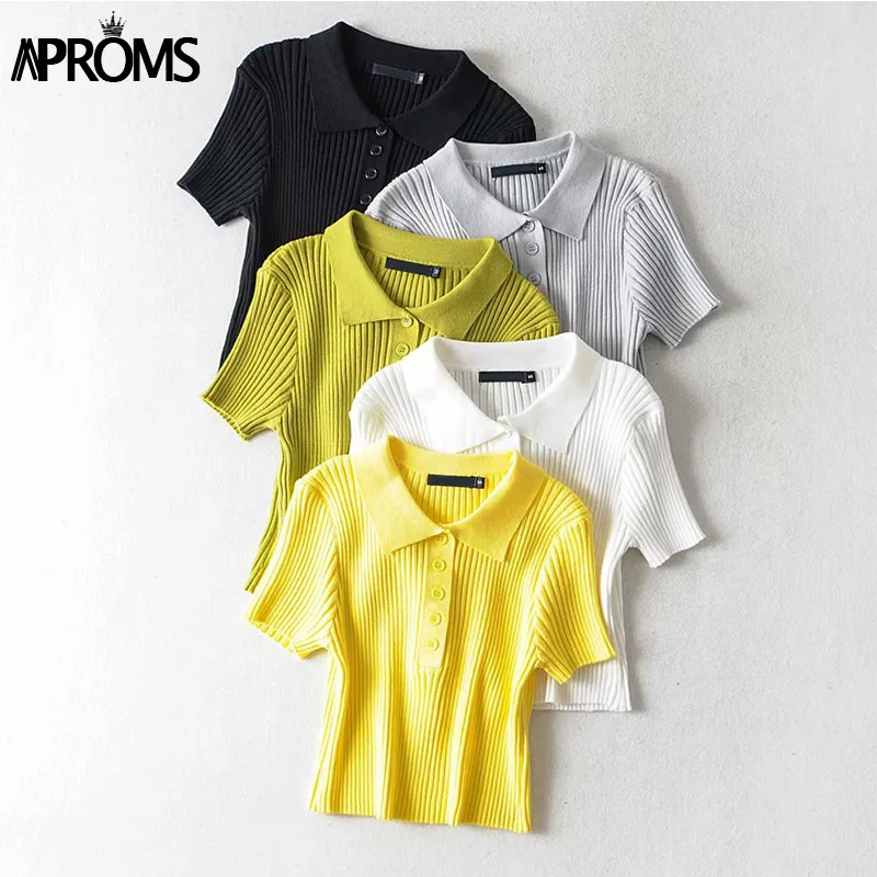 Aproms, Ретро стиль, высокая талия, короткий рукав, базовая футболка,, уличная одежда, вязаная футболка, Женская белая футболка, короткий топ для женщин, одежда