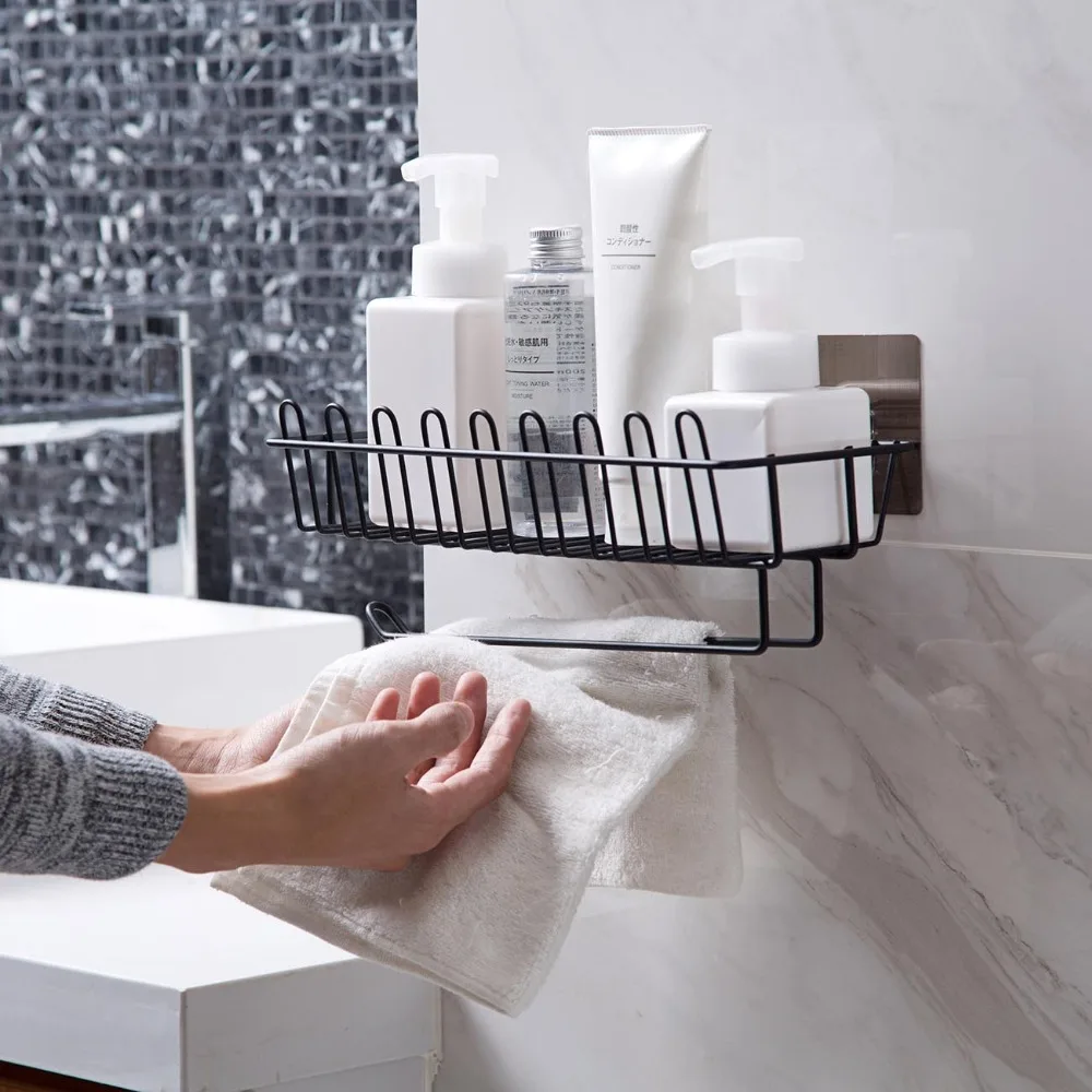 

Iron Punch Free Storage Shelf Kitchen Hanging Seasoning Spice Organizer Rack With Plastic Wrap Holder Bathroom Shower Organizer