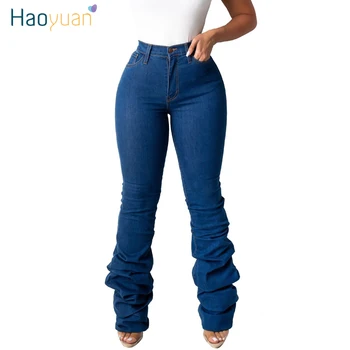 

HAOYUAN Winter Draped Hem High Waisted Denim Pants Women Fall Retro Flare Jeans Straight Trousers Casual Bell-Bottoms Pants