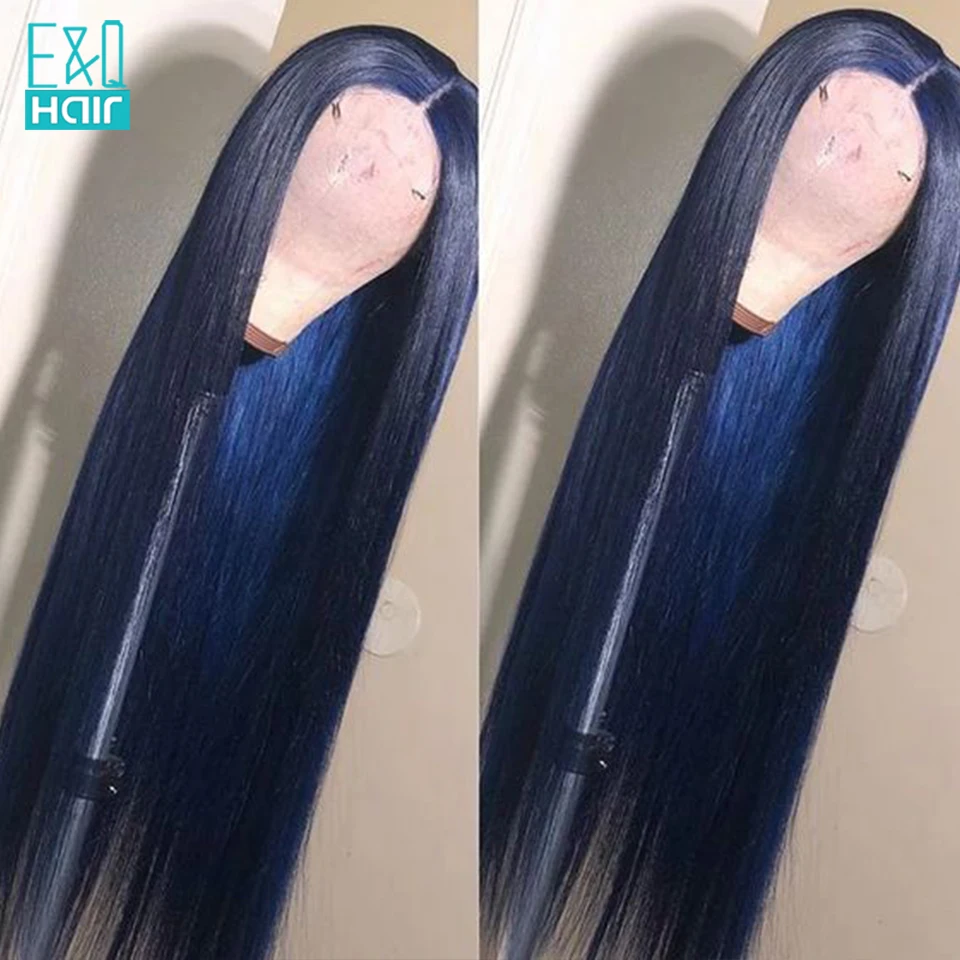 Dark Blue Color Straight Lace Front Wig Pre Plucked Hairline Brazilian Remy13x6 Lace Human Hair Wigs With Baby Hair 130 Density