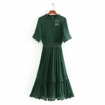 

Women elegant o neck short sleeve green party dress female hollow out lace patchwork vestidos casual slim chic Dresses DS3408