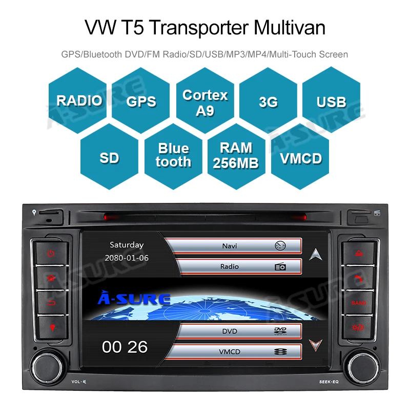Best A-Sure 2 Din 7 Inch WIN CE Car Radio DVD GPS Navigation For Volkswagen VW Multivan T5 Transporter (2002-2010) 4