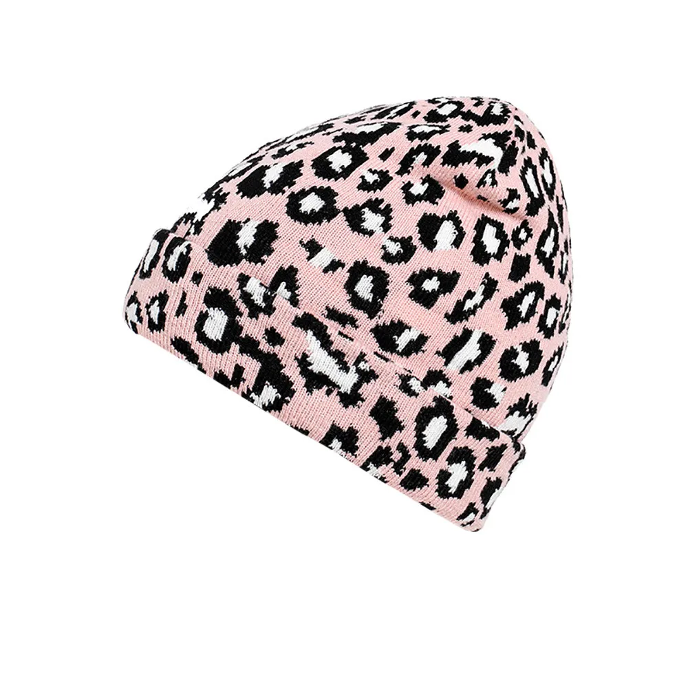 Для взрослых, женщин, мужчин, леопардовые шапочки, зимняя леопардовая вязаная крючком шапка теплые шапки и кепки Hijib cap chapeau femme gorros mujer invierno головные уборы - Цвет: Розовый
