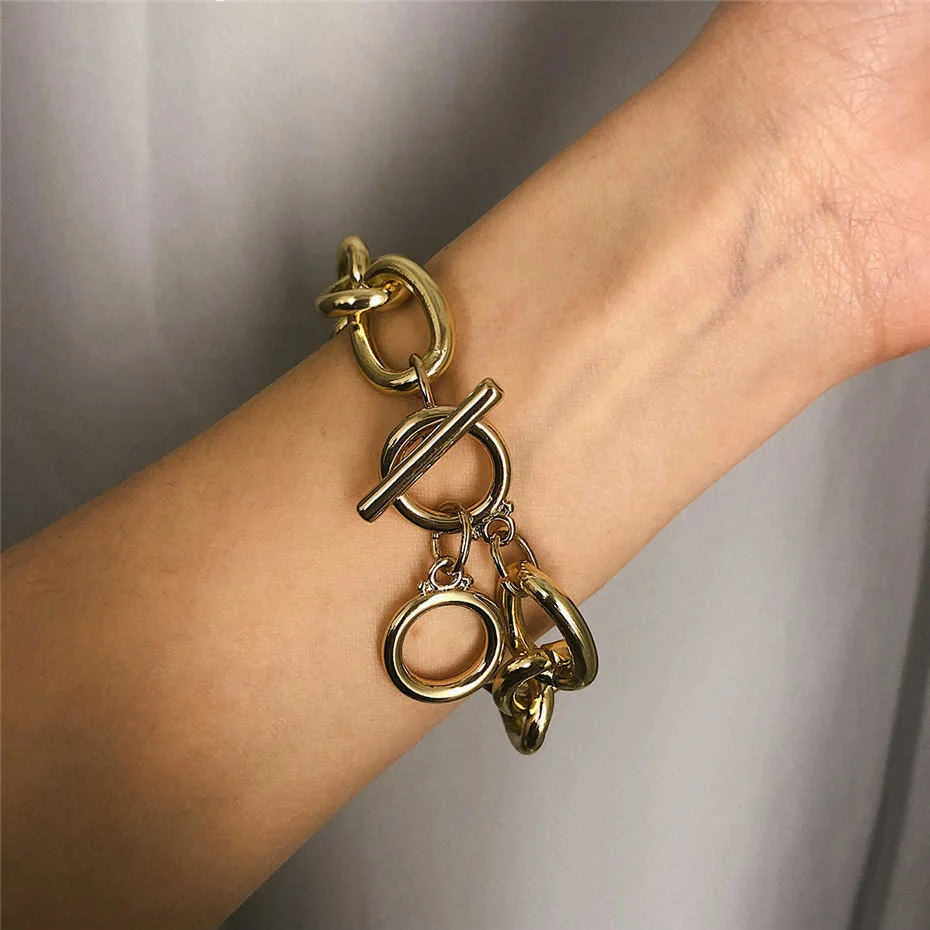 Ingemark Punk Crystal Round Bracelets Bangles Statement Simple Fashion Alloy Chunky Thick Chain Bracelet Couple Jewelry 2019