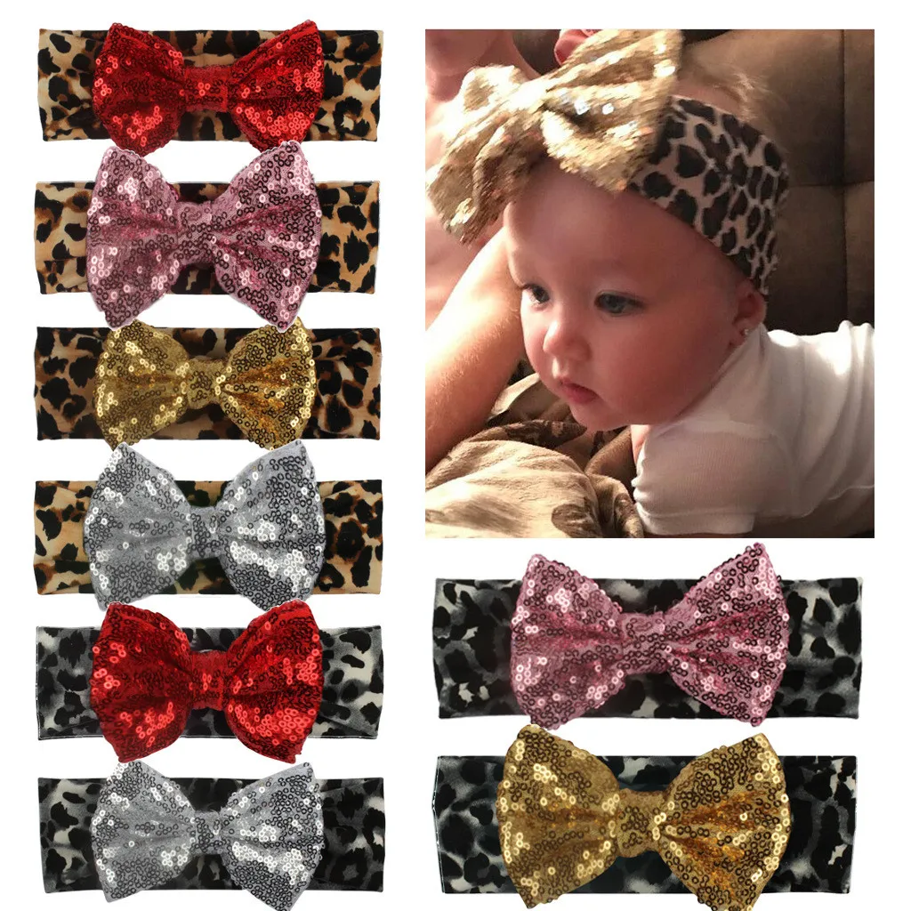 Newborn Toddler Headband Leopard print sequin bow kids headband Elastic Baby Headdress Kids Hair Band Girl Bow Knot