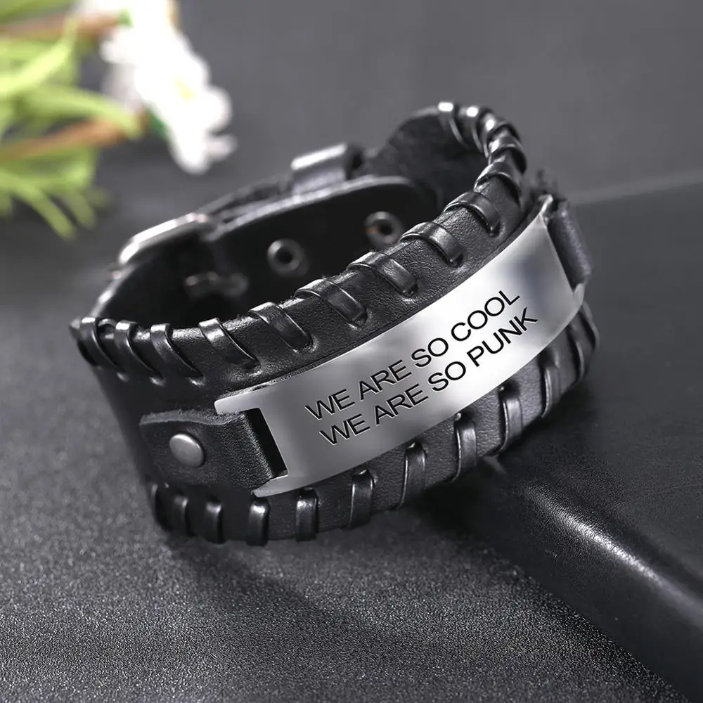 My Shape Stainless Steel Men Bangle We are So Cool We are So Punk Jewelry for Man Genuine Leather Bracelet Snap Belt Bangle