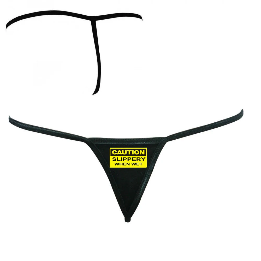funny caution slippery wet thong sub swinger cuckold lifestyle panties G string female one size brief sexy th91 - Цвет: black