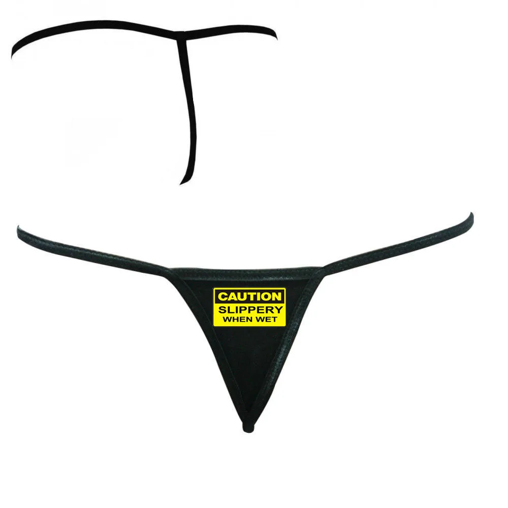black funny caution slippery wet thong sub swinger cuckold lifestyle panties G string female one size brief sexy th91 - Цвет: black