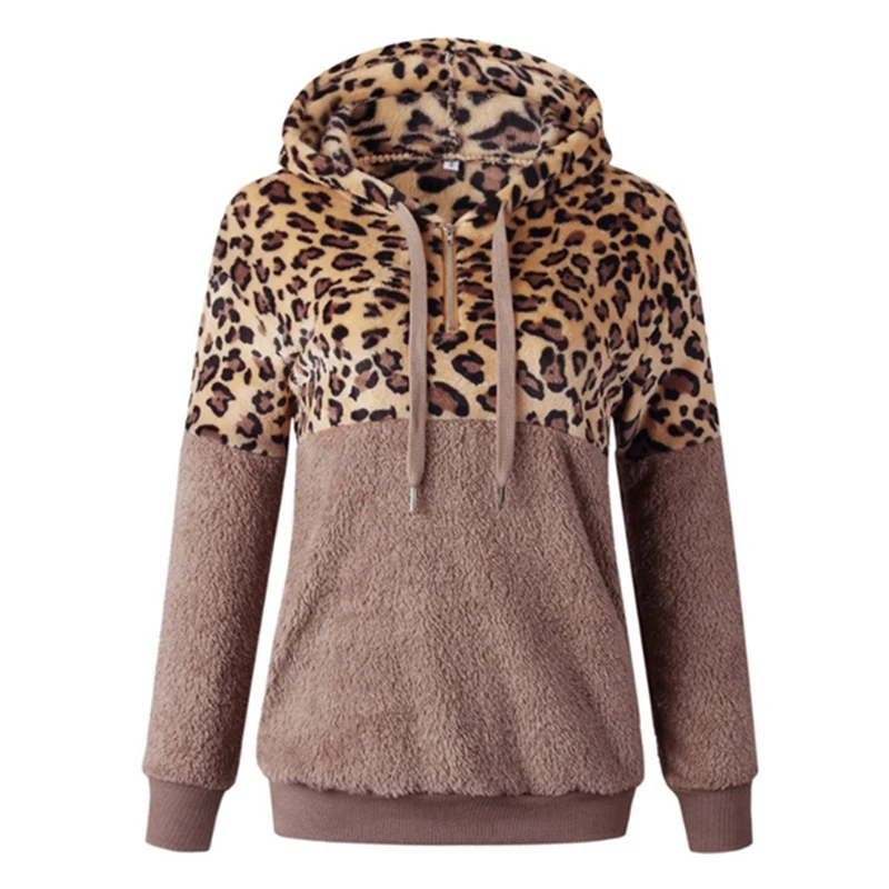 Fall Hoodies Women Leopard Print Zipper 
