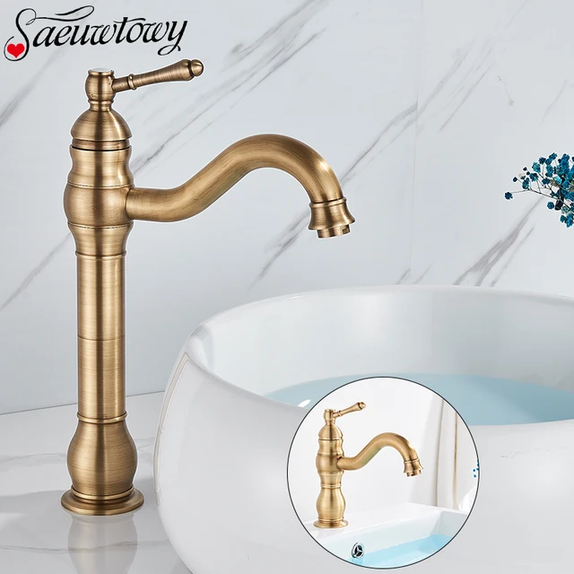 Brass Antique Bathroom Basin Tap Faucet Hot Cold Mixer High Short Style Tap Faucet 1