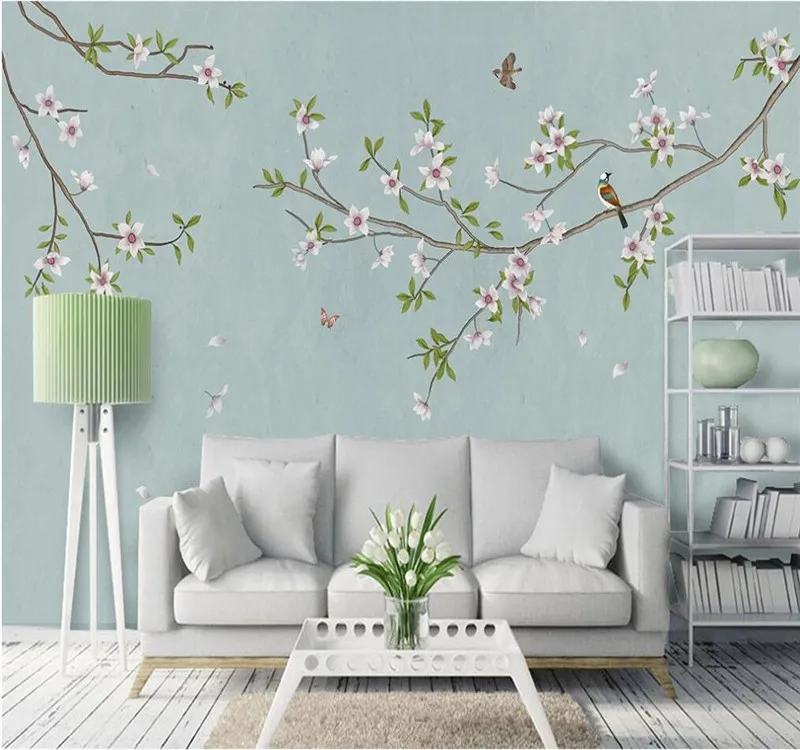 XUE SU Custom mural wallpaper home decoration painting new Chinese style hand-painted flowers and birds background wall