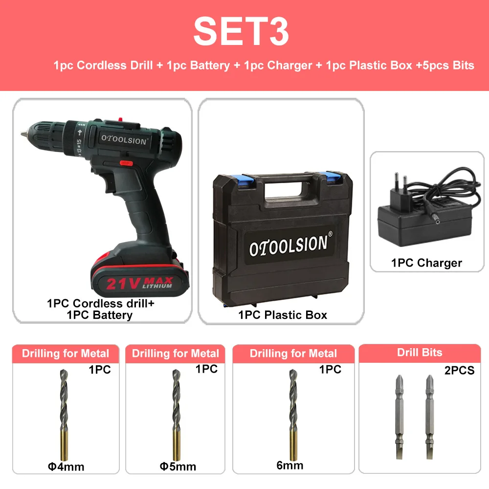 SET3 (1 pc battery) 2 скорости 21 в перезаряжаемая отвертка Беспроводная отвертка Электроинструмент электрическая отвертка дрель Беспроводная+ дрель аксессуары - Цвет: SET3 (1 pc battery)
