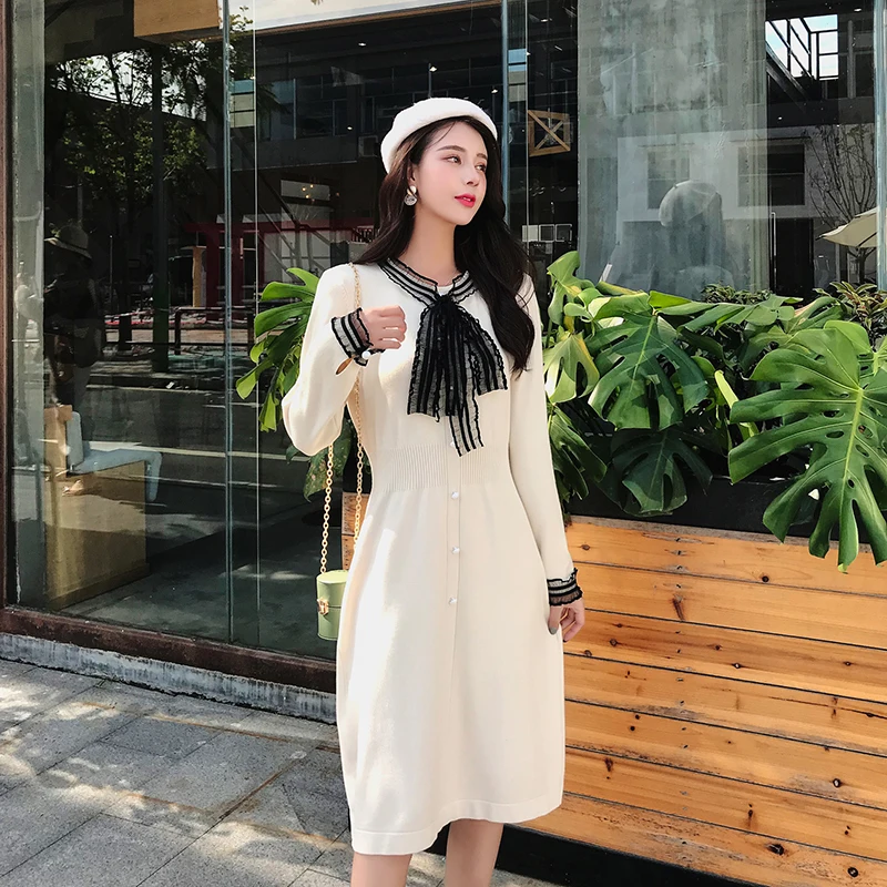 

Fashion Knit Cotton O-neck Midi Dress Women Autumn and Winter Bohemian Casual Stretch Beige Dress Elegant Vintage Party Dresses