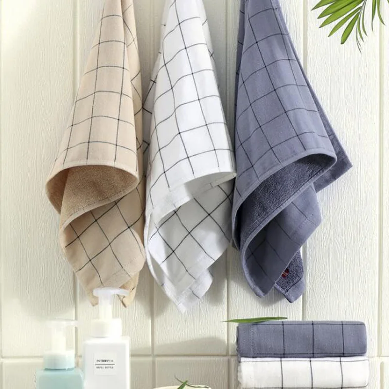 1 Piece 34x74cm Grid Plaid Cotton Towel Face Hand Hair Towel Terry