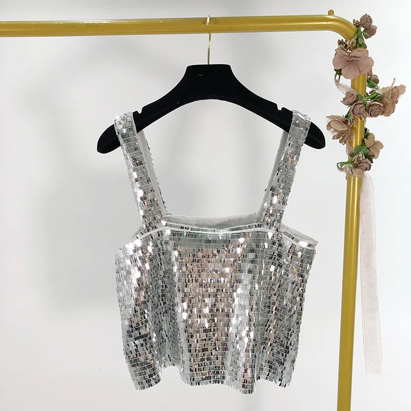 autumn new women's European and American style sequins decorative short loose sling