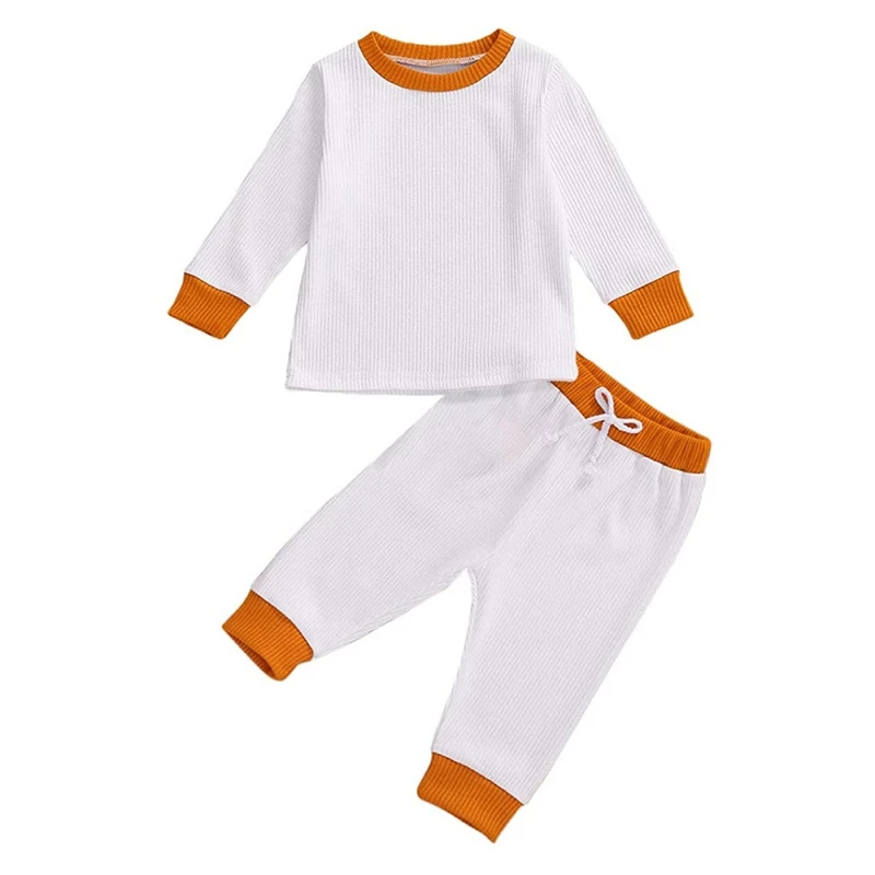

Autumn Baby Infant Girl Boy Clothes Casual Children Suit Clothes Hang Striped Fabric Solid Color 2-Pieces Long Sleeve Set