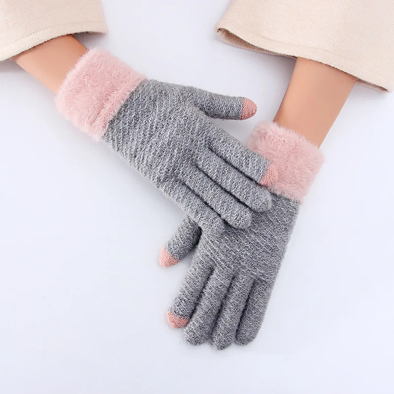 Перчатки для сенсорного экрана, женские зимние, сохраняющие тепло, утепленные, вязаные перчатки, милые, шерстяные, имитирующие плюш, норка, пять пальцев, Hiver Femme - Цвет: Grey hair mouth