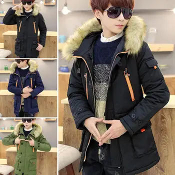 

2019 Fashion Men Winter Faux Fur Collar Soft Thick Warm Cotton Coat Hooded Jacket Outdoor Streetwear winproof Warm Coat