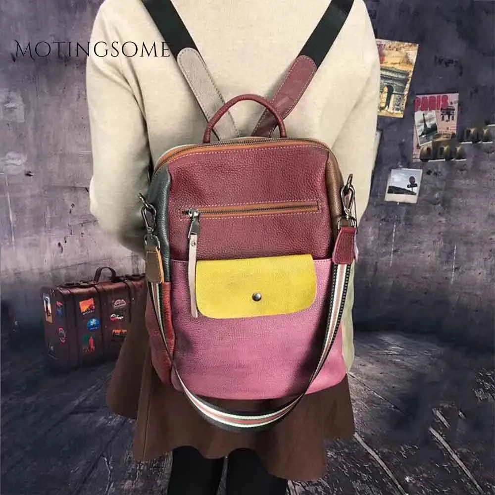 

Genuine Leather Patchwork Women Backpacks Leisure School Bag Real Cow Leather Colorful Bag for Ladies Mochila 2019 New Style
